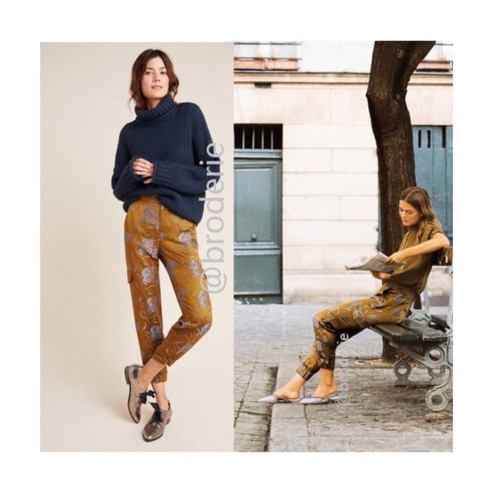 Anthropologie Devin Cargo Pants Small Brown Jacquard Metallic Floral Jogger - Picture 2 of 15